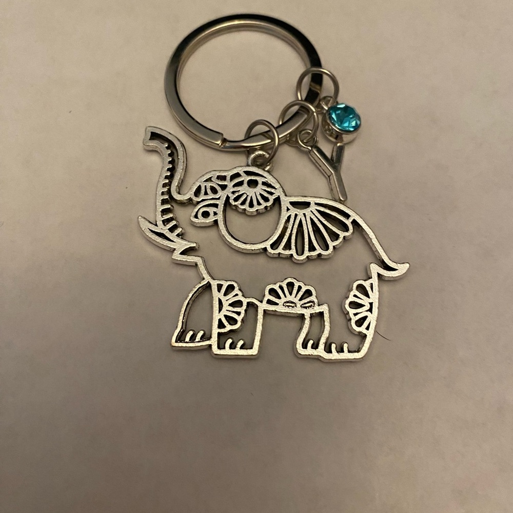Silver Elephant Keychain with Blue Gem